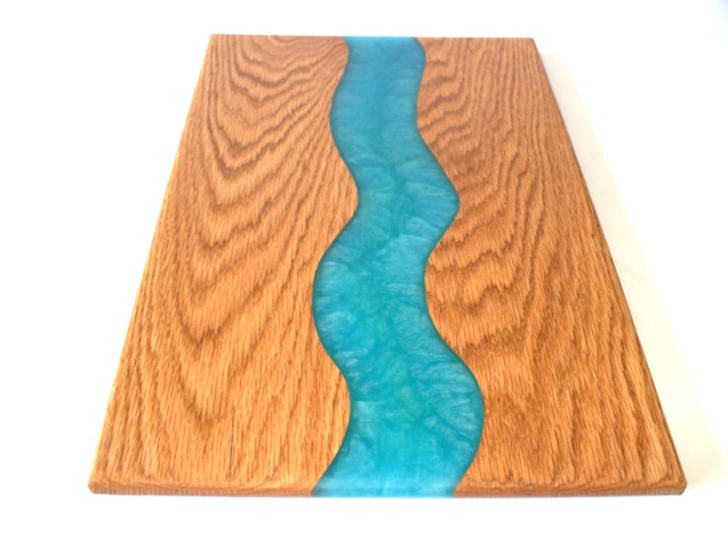 Red Oak Wood Charcuterie/Serving/Cutting Board with Pacific Blue and Blue Umbrella Epoxy - 18" x 12"