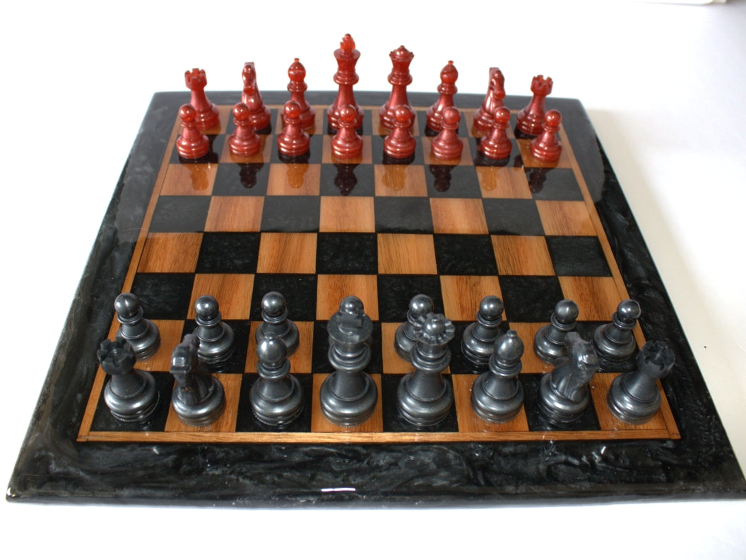 Dual Tone Chess Board - Red Grandis Wood with Black and Dark Green Epoxy - 13" x 13"