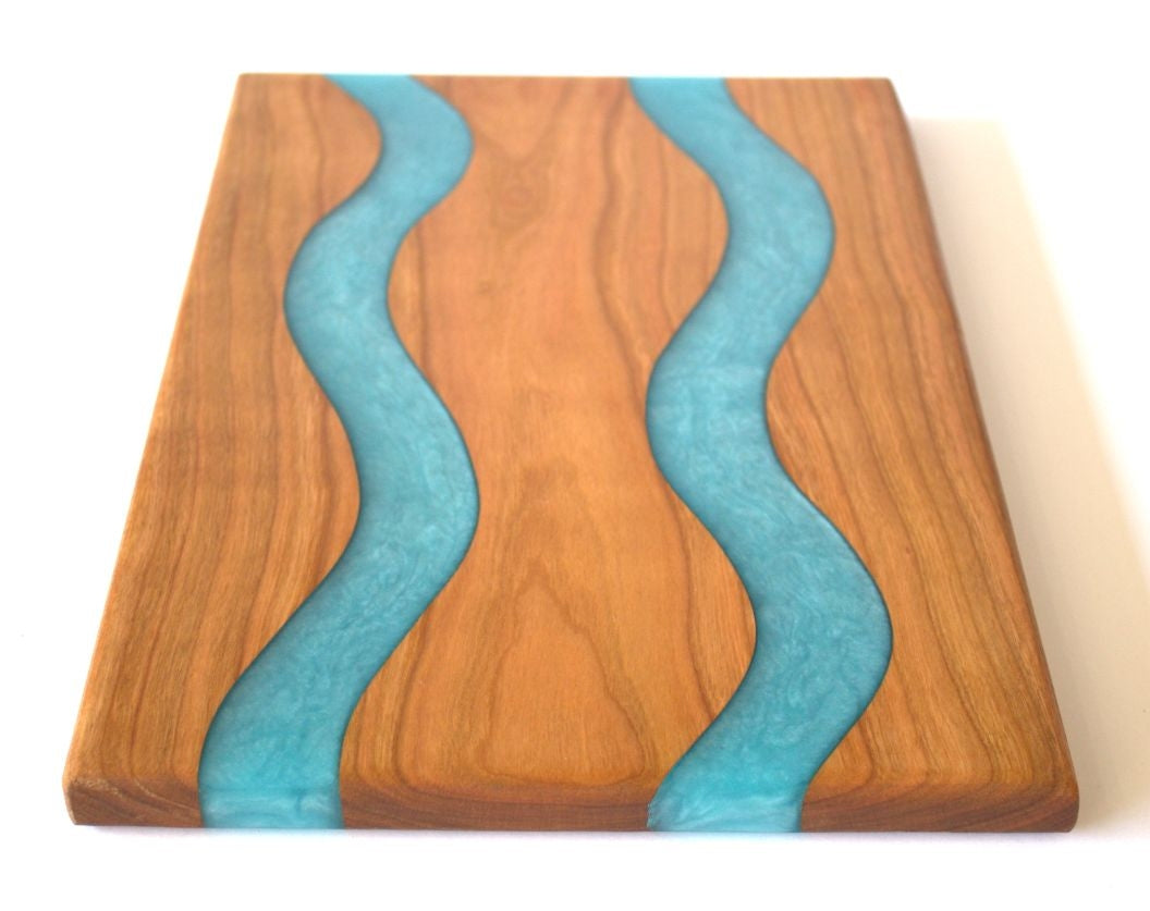 Cherry Wood Charcuterie/Serving Board with Ahoy Blue Epoxy - 13" x 9"