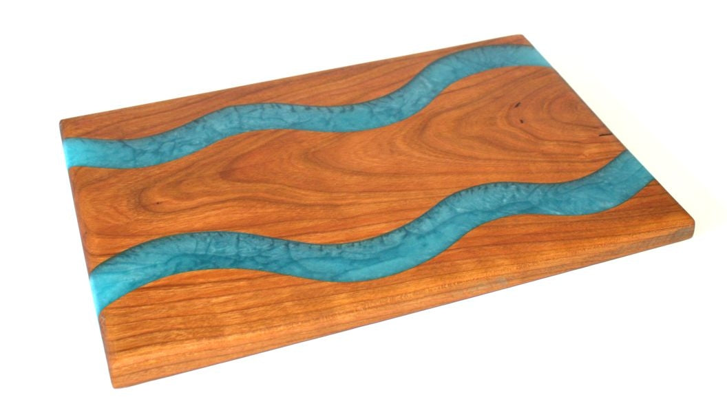 Cherry Wood Charcuterie/Serving Board with Ahoy Blue Epoxy - 12" x 8"