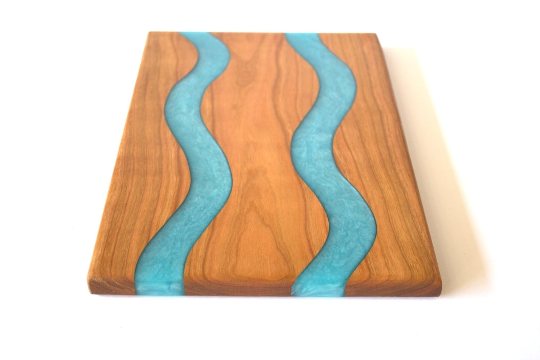 Cherry Wood Charcuterie/Serving Board with Ahoy Blue Epoxy - 12" x 8"