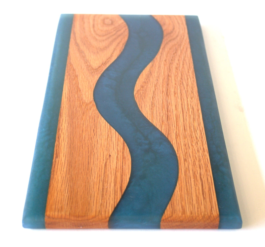 Red Oak Wood Charcuterie/Serving Board with Deep Ocean Epoxy - 14" x 7"