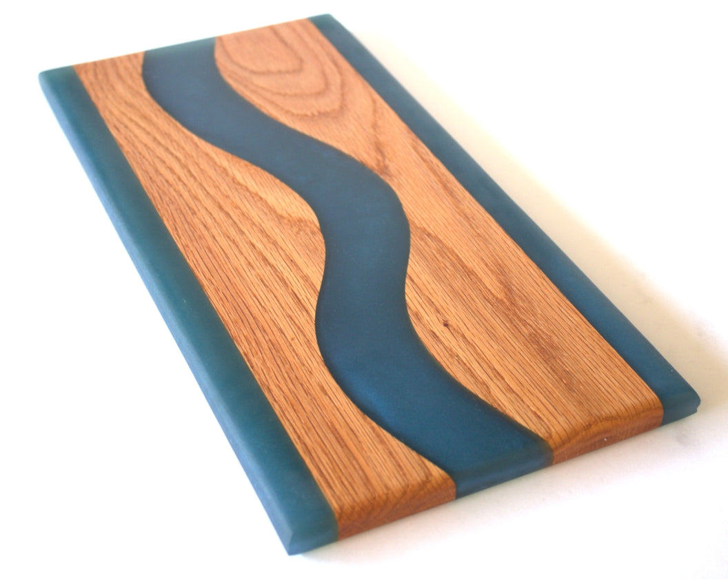 Red Oak Wood Charcuterie/Serving Board with Deep Ocean Epoxy - 14" x 7"