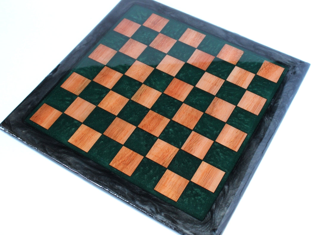 Dual Tone Chess Board - Red Grandis Wood with Black and Dark Green Epoxy - 13" x 13"