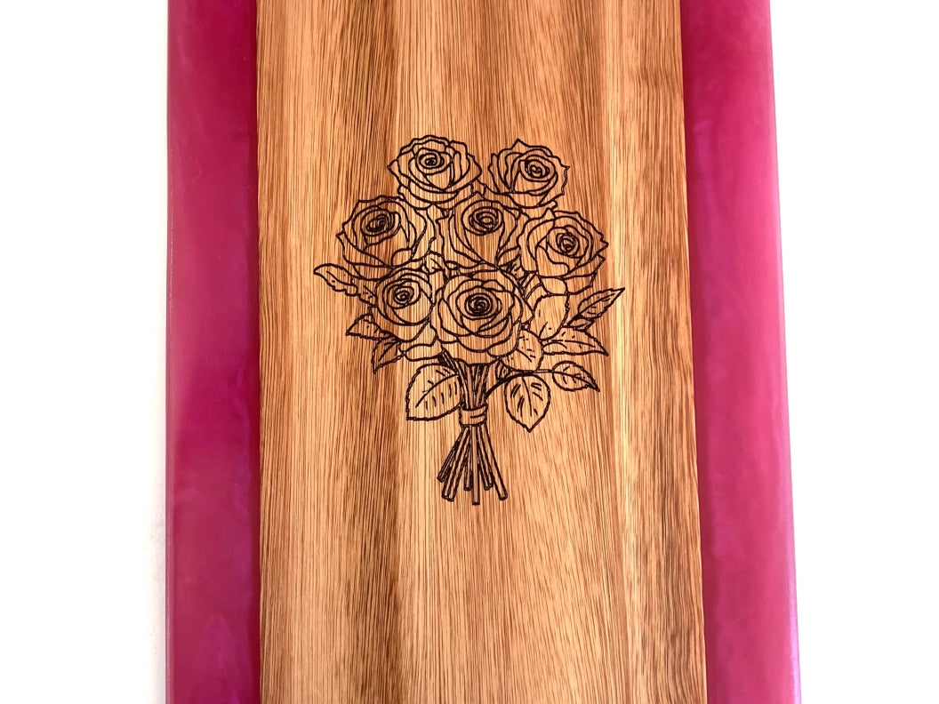 Fuchsia Rose Collection – Red Grandis Charcuterie Board with Bouquet Engraving & Matching Coasters