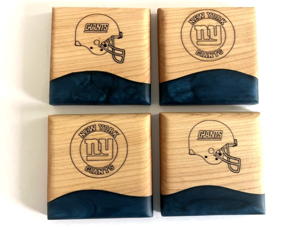Hard Maple Wood Coasters with NY Giants Logo and Blue Universe Epoxy - 4 piece set - 3 5/8" x 3 5/8"