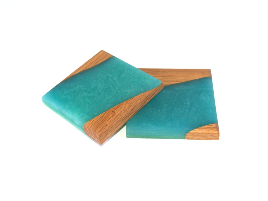 Red Oak Wood River Coasters with Turquoise Stone and Blue Umbrella Epoxy - 2 piece set - 3 5/8" x 3 5/8"