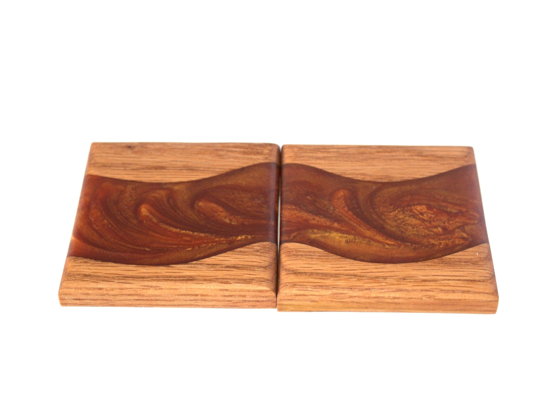 Red Oak Wood River Coasters with Dead Red & Gold Umbrella Epoxy - 2 piece set - 3 5/8" x 3 5/8"