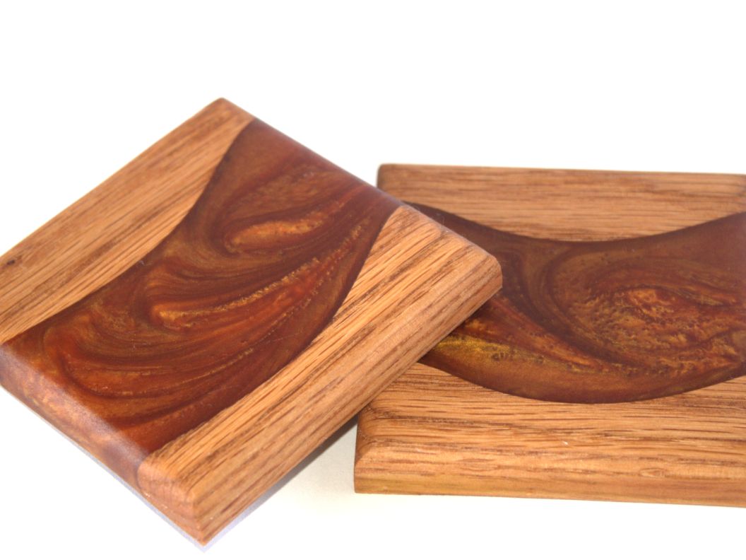 Red Oak Wood River Coasters with Dead Red & Gold Umbrella Epoxy - 2 piece set - 3 5/8" x 3 5/8"