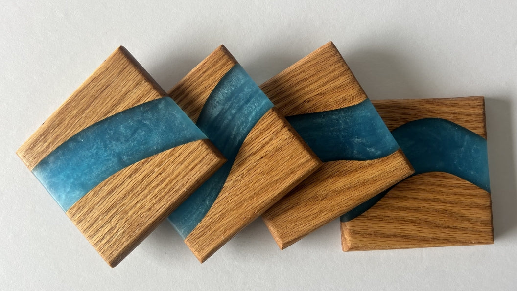 Red Oak Wood River Coasters - 4 piece set - 3 5/8" x 3 5/8"
