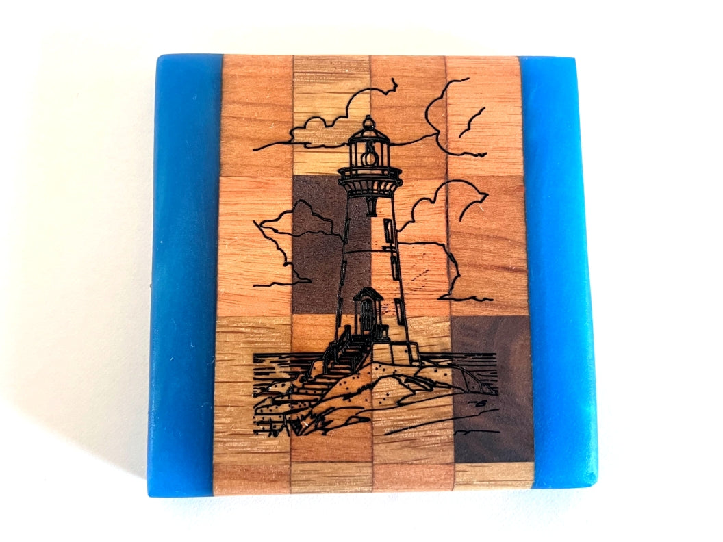 Chop Block River Coasters with Lighthouse Engraved and Sapphire Treasure Epoxy - 2 piece set - 3 5/8" x 3 5/8"