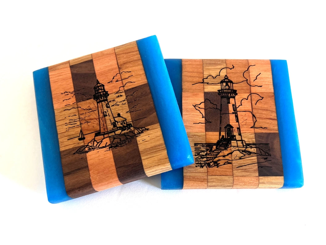 Chop Block River Coasters with Lighthouse Engraved and Sapphire Treasure Epoxy - 2 piece set - 3 5/8" x 3 5/8"