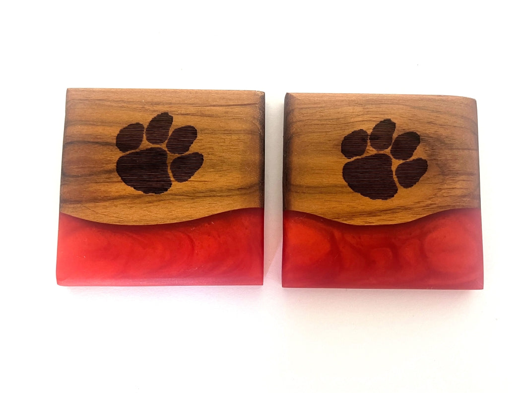 Teak Wood Coasters with Clemson Tiger Paw - 3 5/8" x 3 5/8" - 2 piece set