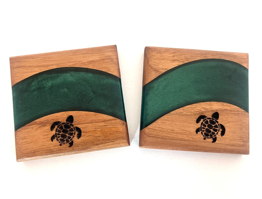 Teak Wood Coasters with Turtle Engraving - 3 5/8" x 3 5/8" - 2 piece set