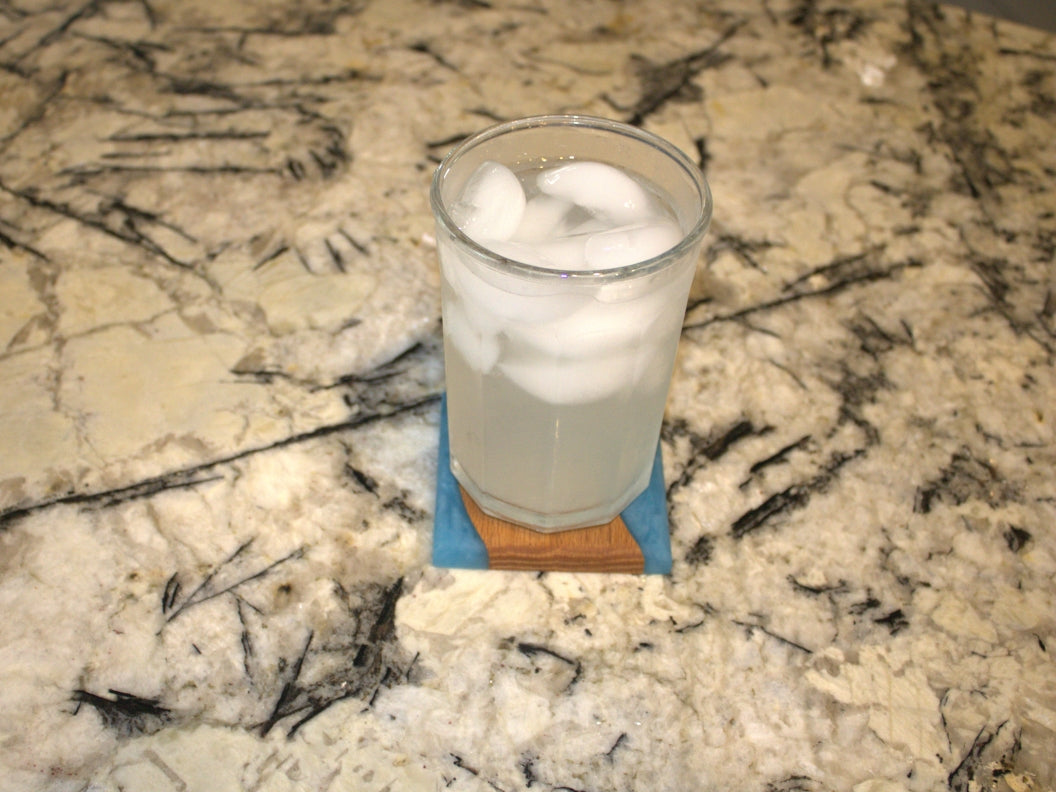 Red Oak Inverse Wood Coasters with Ahoy Blue Epoxy - 4 piece set - 3 5/8 x 3 5/8