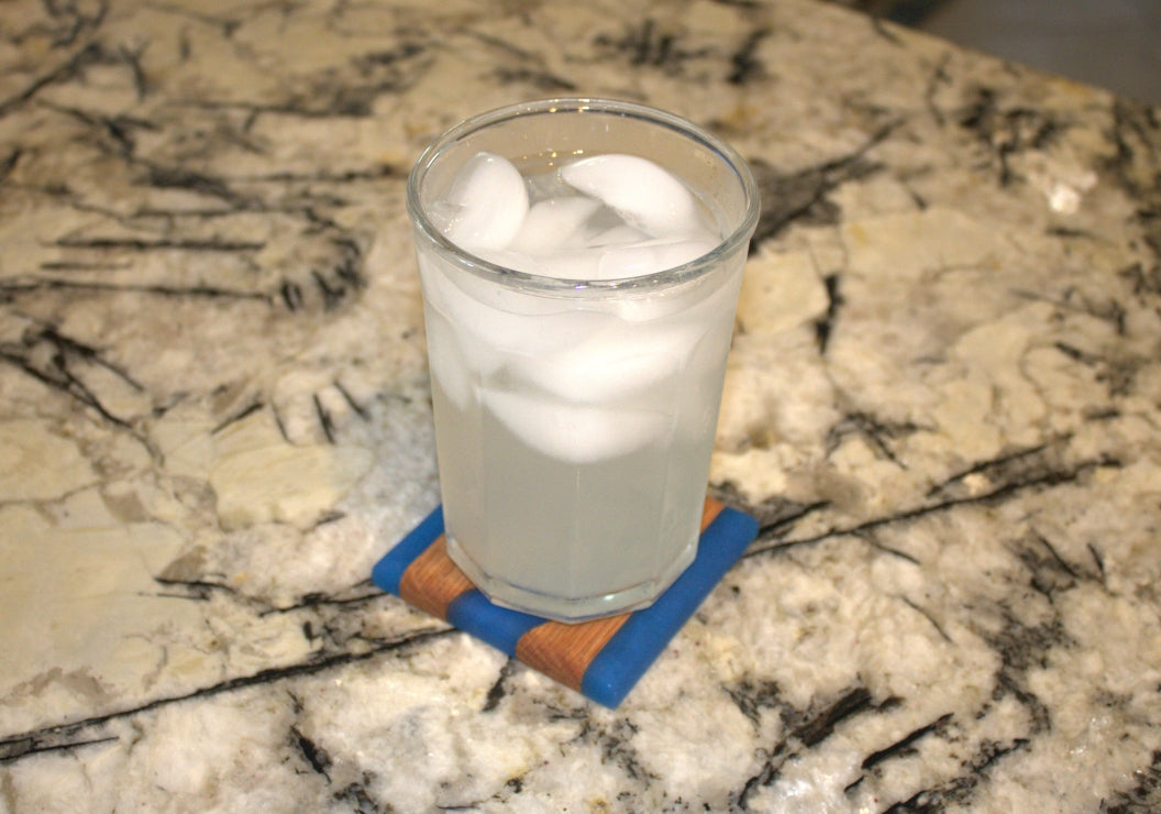 Red Oak Wood River Coasters with Pacific Blue Epoxy - 2 piece set - 3 5/8" x 3 5/8"