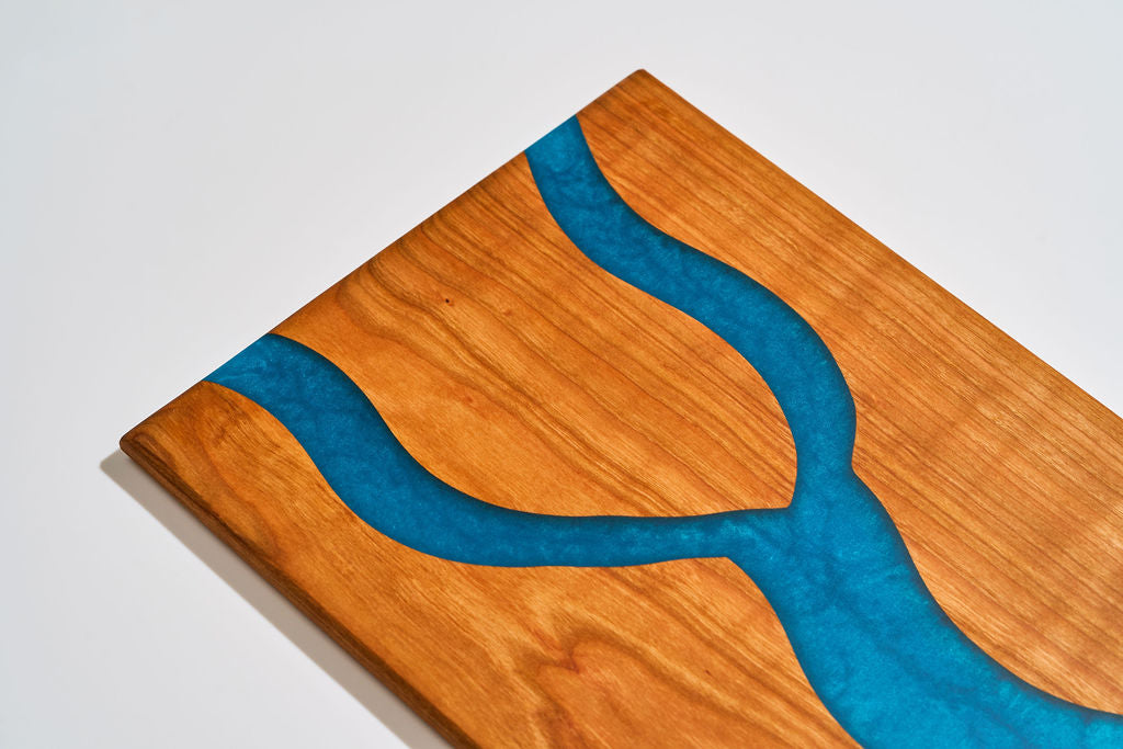 Cherry Wood Charcuterie/Serving Board with Pacific Turquoise Epoxy - 14" x 9"