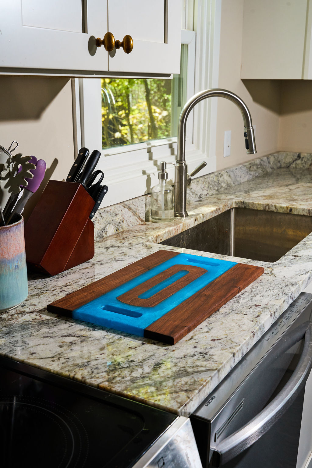 Walnut Wood Charcuterie/Serving/Cutting Board with Pacific Blue Epoxy - 18" x 12"