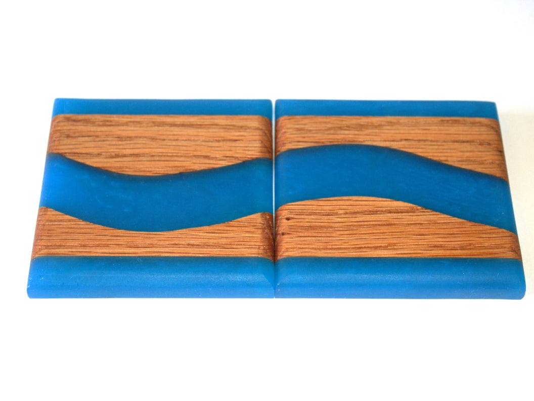 Red Oak Wood River Coasters with Pacific Blue Epoxy - 2 piece set - 3 5/8" x 3 5/8"
