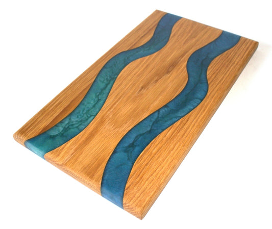 Red Oak Wood Charcuterie/Serving Board with Deep Ocean and Turquoise Stone Epoxy - 14" x 8"