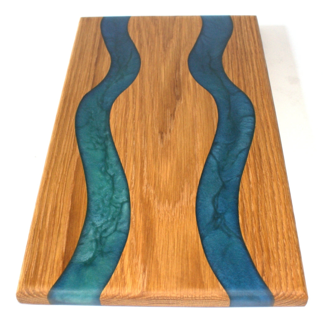 Red Oak Wood Charcuterie/Serving Board with Deep Ocean and Turquoise Stone Epoxy - 14" x 8"