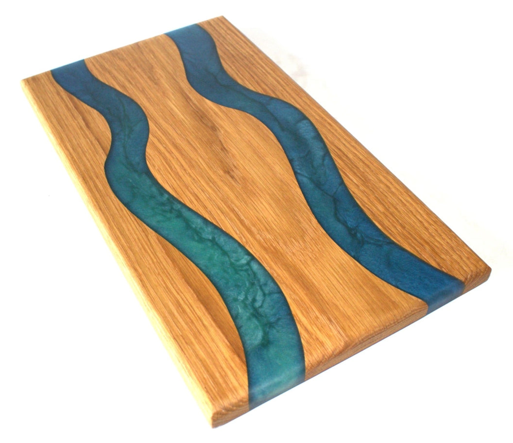 Red Oak Wood Charcuterie/Serving Board with Deep Ocean and Turquoise Stone Epoxy - 14" x 8"