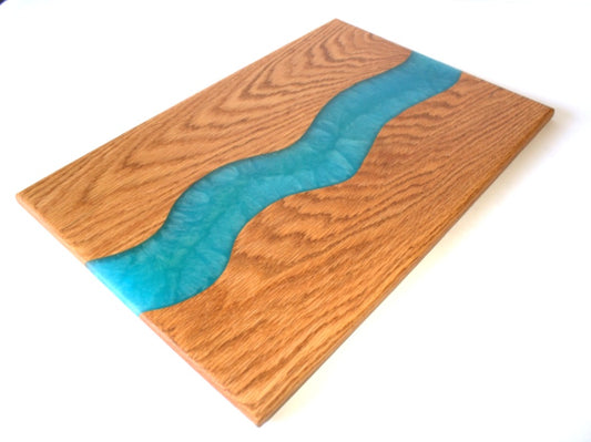 Red Oak Wood Charcuterie/Serving/Cutting Board with Pacific Blue and Blue Umbrella Epoxy - 18" x 12"