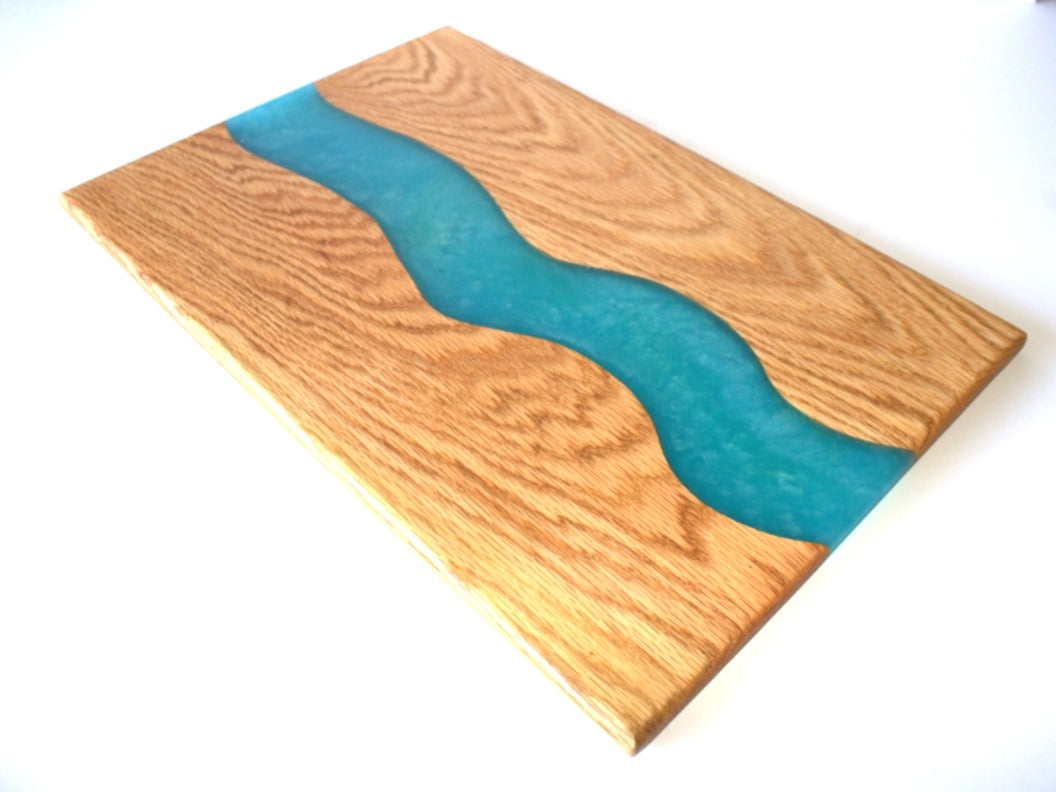 Red Oak Wood Charcuterie/Serving/Cutting Board with Pacific Blue and Blue Umbrella Epoxy - 18" x 12"