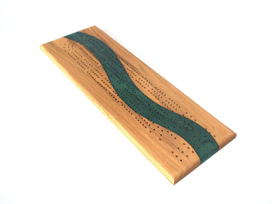 Red Oak Wood Cribbage Board with Dark Green Epoxy - 15" x 5"