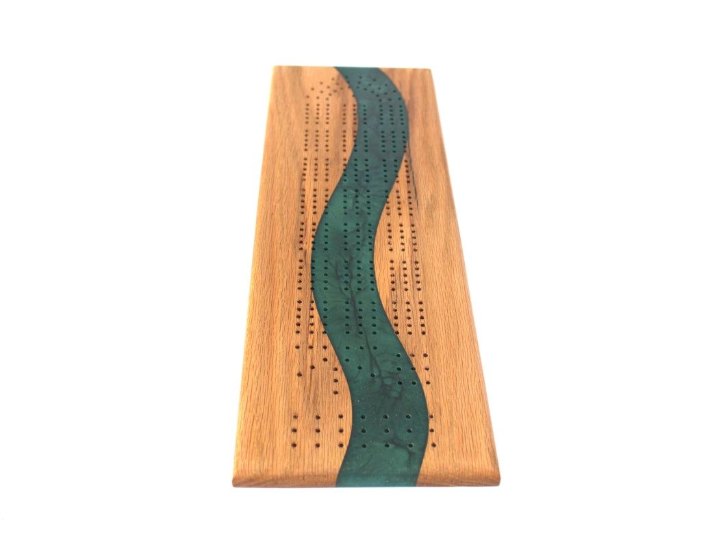 Red Oak Wood Cribbage Board with Dark Green Epoxy - 15" x 5"