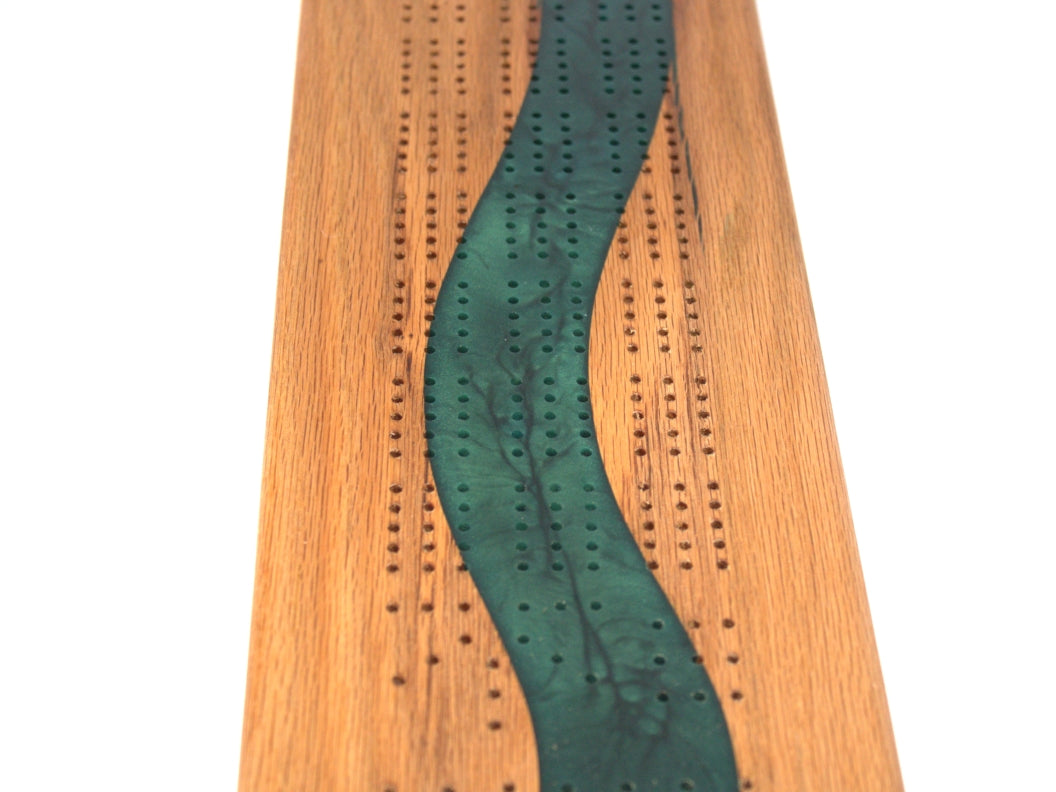 Red Oak Wood Cribbage Board with Dark Green Epoxy - 15" x 5"