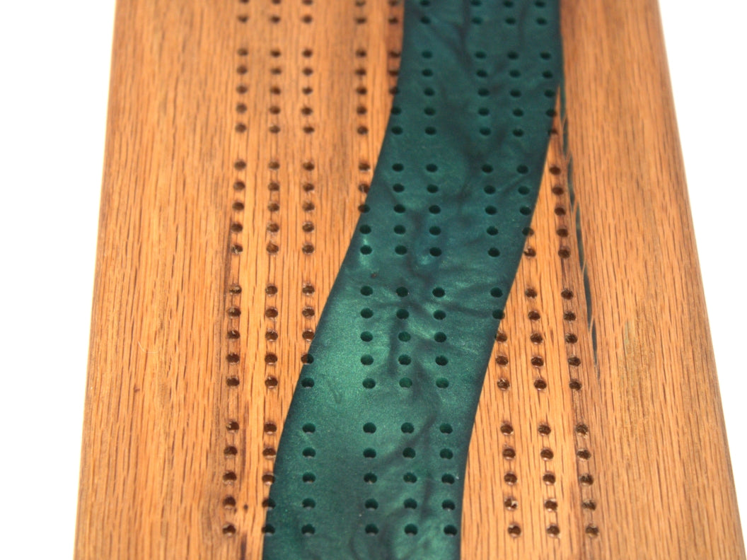 Red Oak Wood Cribbage Board with Dark Green Epoxy - 15" x 5"