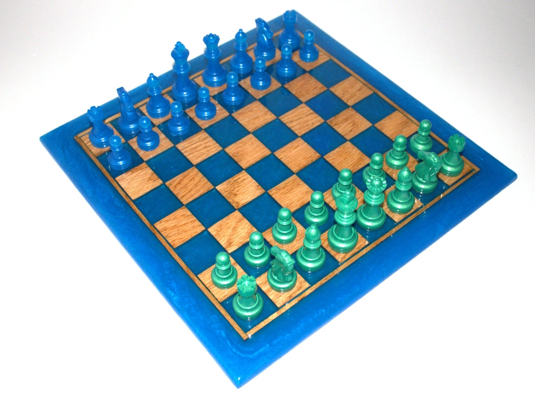 Dual Tone Chess Board - Red Oak Wood with Blue and Green Epoxy - 13" x 13"