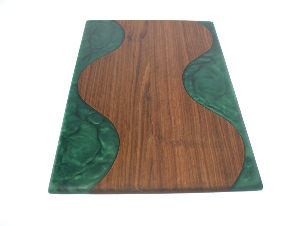 Walnut Wood Charcuterie/Serving/Cutting Board with Dark Green Epoxy - 15" x 10"