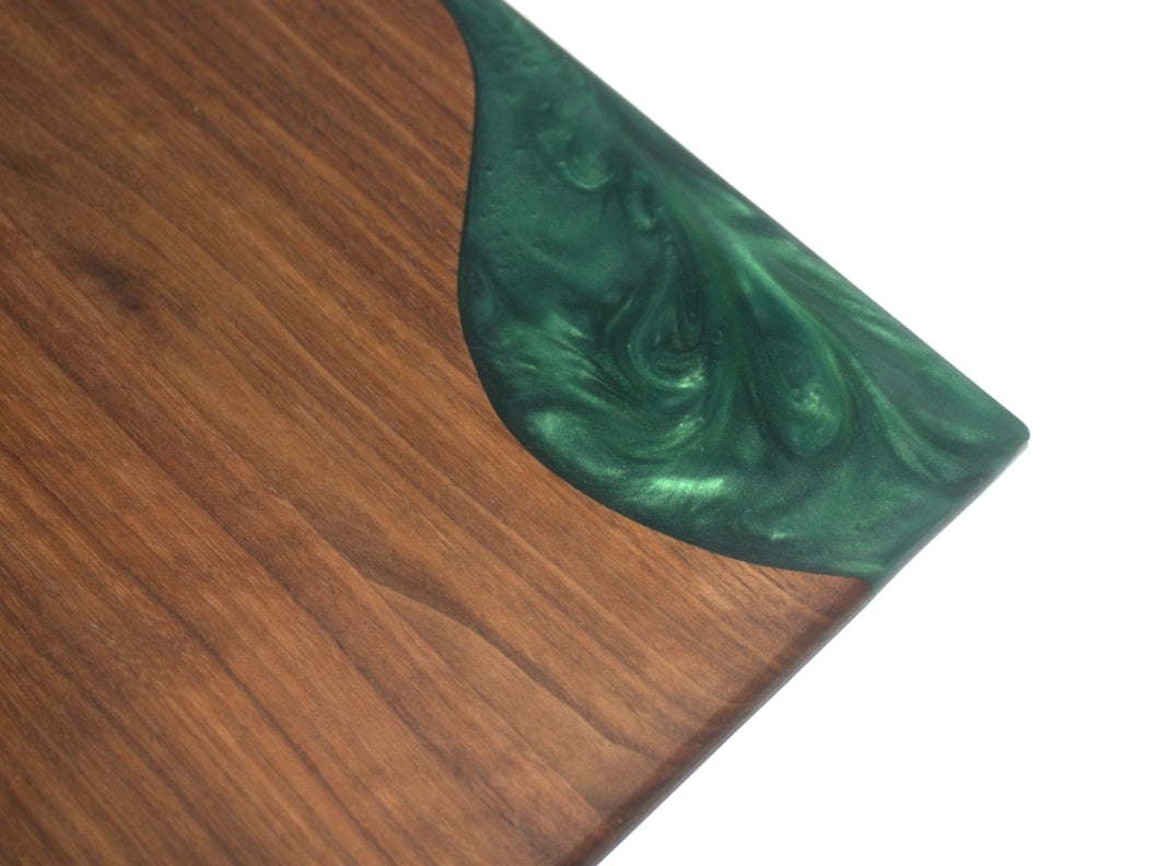 Walnut Wood Charcuterie/Serving/Cutting Board with Dark Green Epoxy - 15" x 10"