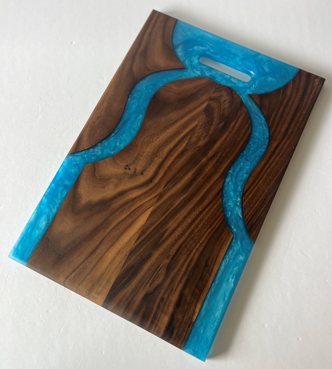 Walnut Wood Charcuterie/Serving/Cutting Board with Pacific Blue Epoxy - 18" x 12"