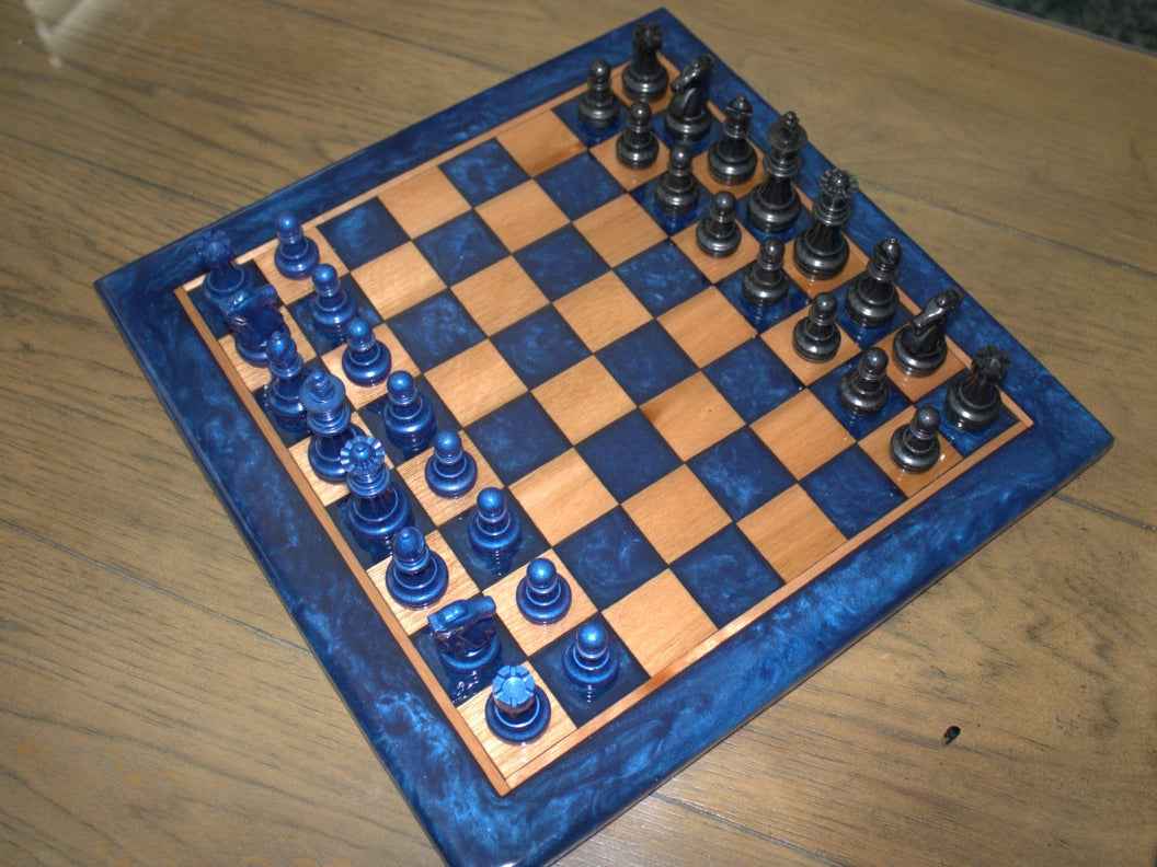 Red Grandis Wood with Blue Universe Epoxy Chess Board - 13"x 13"