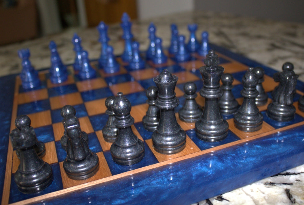 Red Grandis Wood with Blue Universe Epoxy Chess Board - 13"x 13"