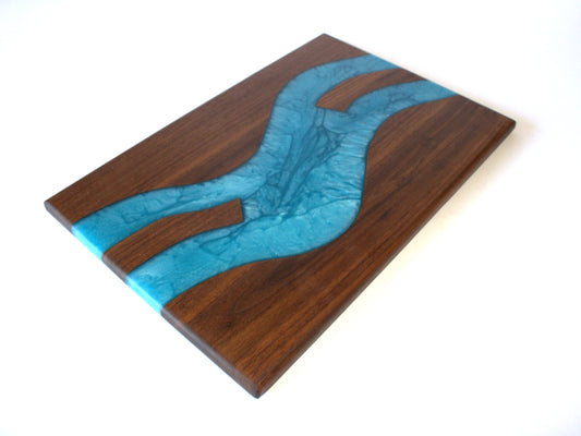 Walnut Wood Charcuterie/Serving/Cutting Board with Pacific Blue epoxy - 15" x 10"