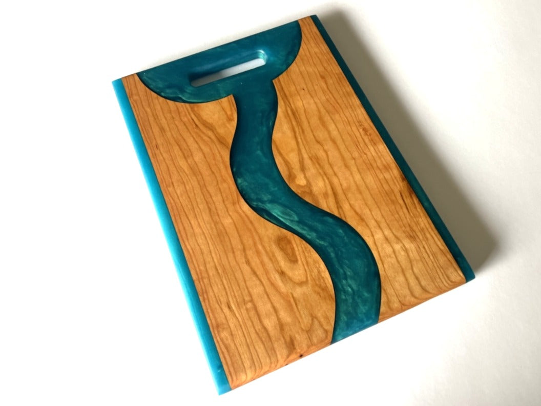 Cherry Wood Charcuterie/Serving/Cutting Board with Pacific Turquoise Epoxy - 14" x 10" w/handle