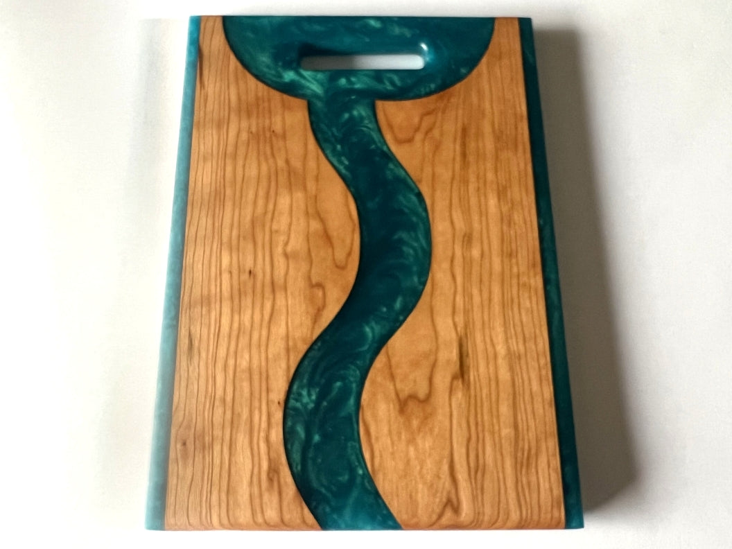 Cherry Wood Charcuterie/Serving/Cutting Board with Pacific Turquoise Epoxy - 14" x 10" w/handle