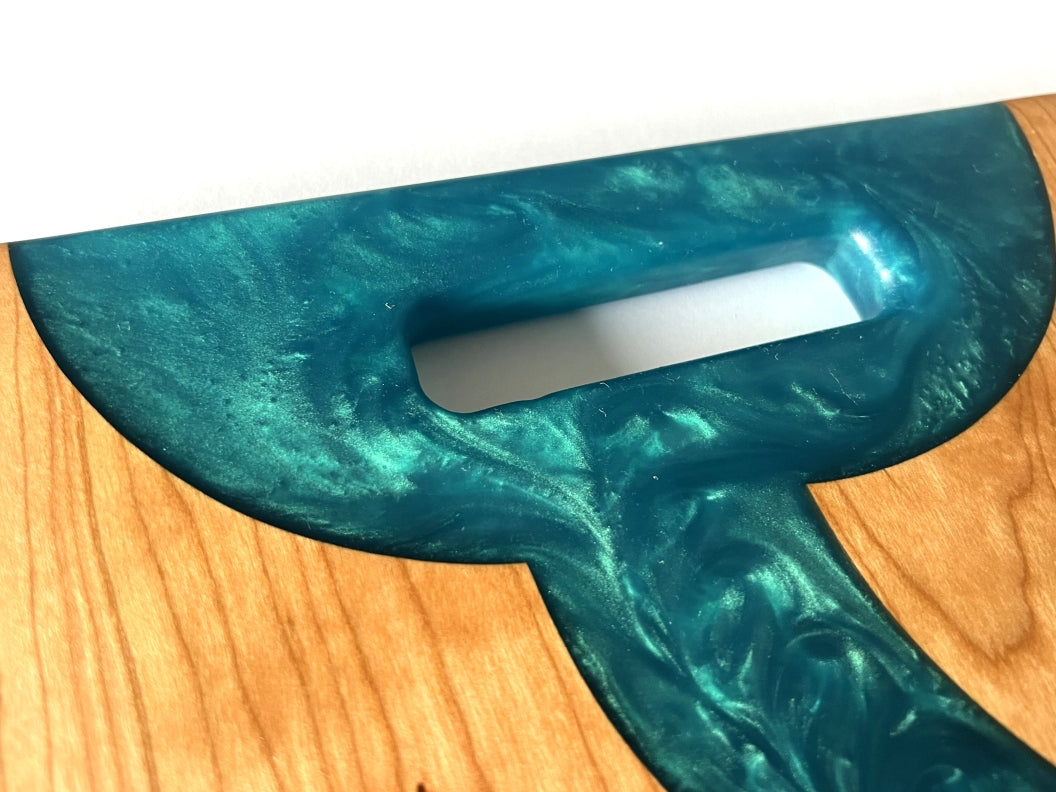 Cherry Wood Charcuterie/Serving/Cutting Board with Pacific Turquoise Epoxy - 14" x 10" w/handle