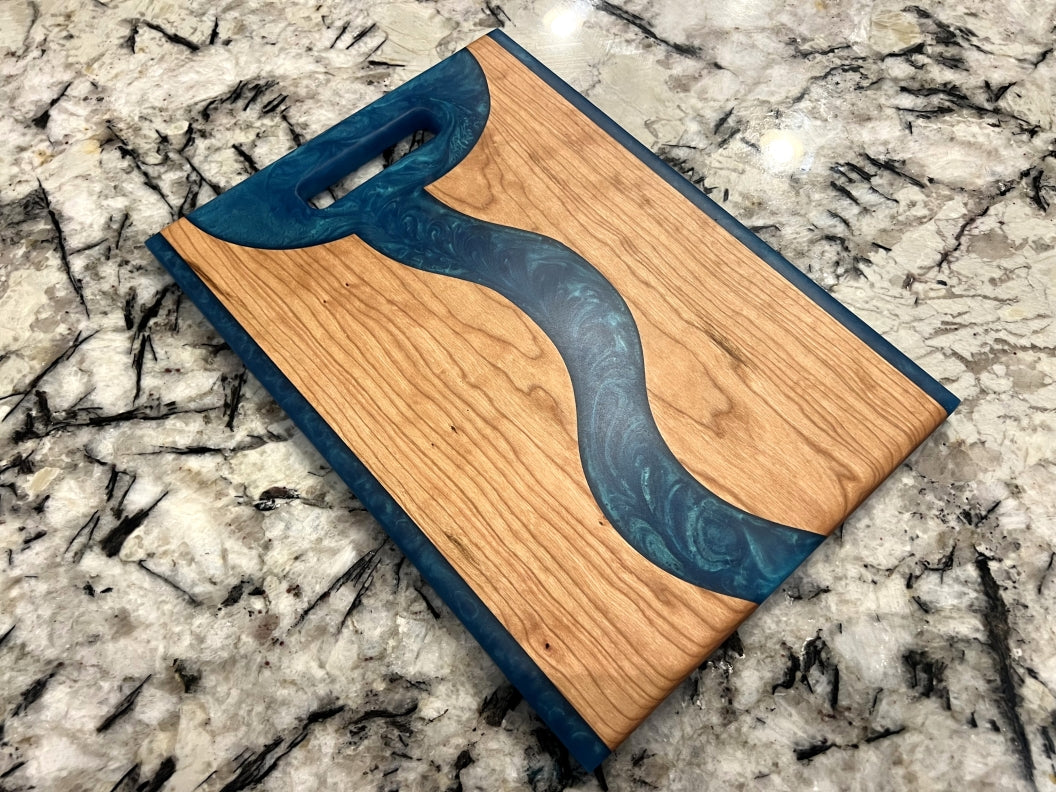 Cherry Wood Charcuterie/Serving/Cutting Board with Pacific Turquoise Epoxy - 14" x 10" w/handle