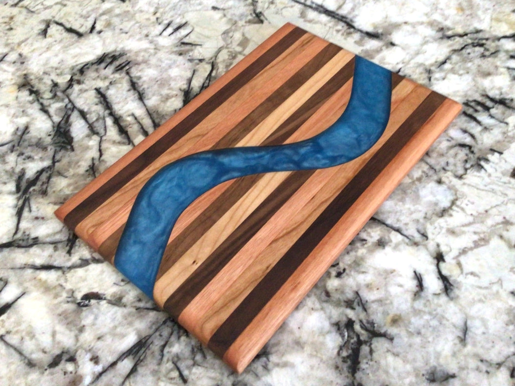 Chop Block Charcuterie/Serving/Cutting Board with Pacific Blue Epoxy - 12" x 8"