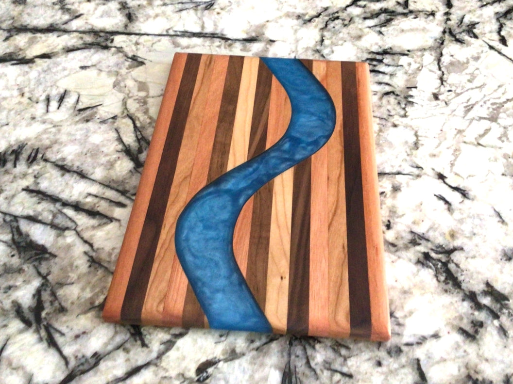 Chop Block Charcuterie/Serving/Cutting Board with Pacific Blue Epoxy - 12" x 8"