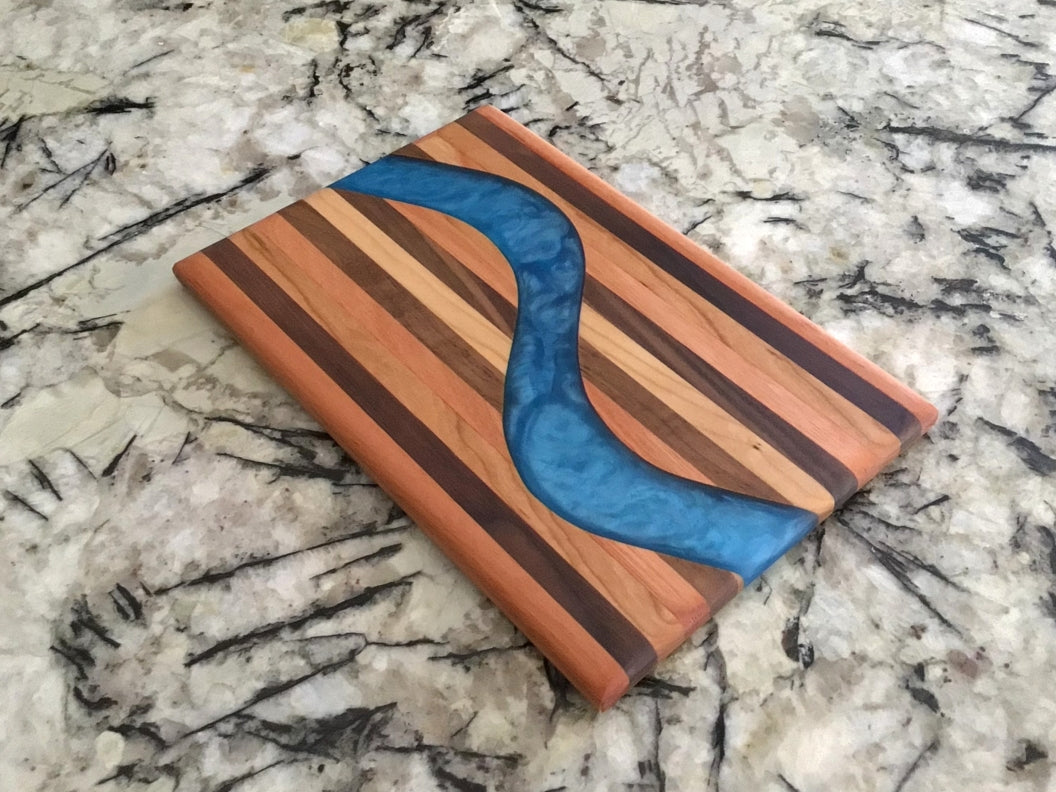 Chop Block Charcuterie/Serving/Cutting Board with Pacific Blue Epoxy - 12" x 8"