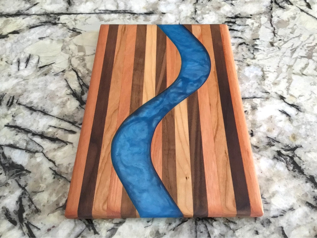 Chop Block Charcuterie/Serving/Cutting Board with Pacific Blue Epoxy - 12" x 8"