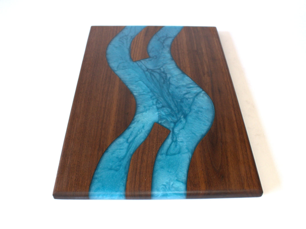 Walnut Wood Charcuterie/Serving/Cutting Board with Pacific Blue epoxy - 15" x 10"