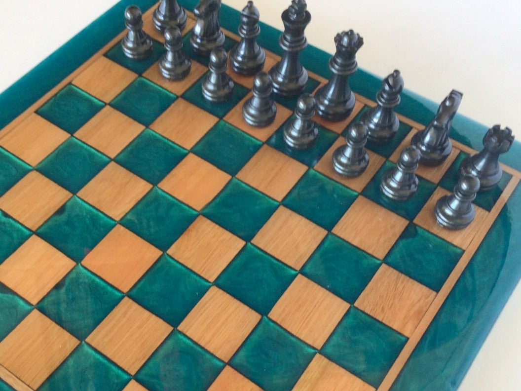 Red Grandis Wood with Sapphire Treasure Chess Board - 13" x 13"