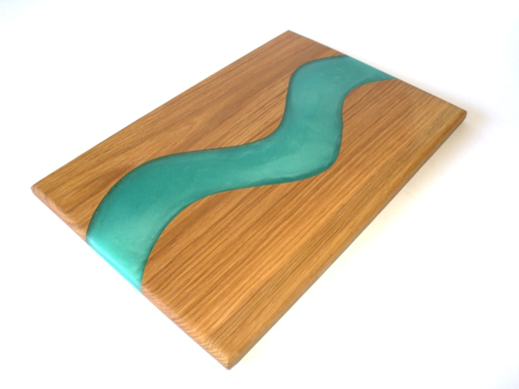 Red Oak Wood Charcuterie/Serving/Cutting Board with Turquoise Stone Epoxy - 15" x 10"